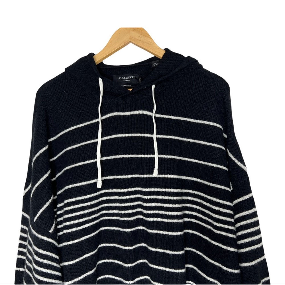 ALLSAINTS Reverb Hooded Stripes Contemporary Wool Blend Sweater Black Ecru - Picture 4 of 12